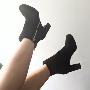 Ankle bootie faux suede gold zipper block heel